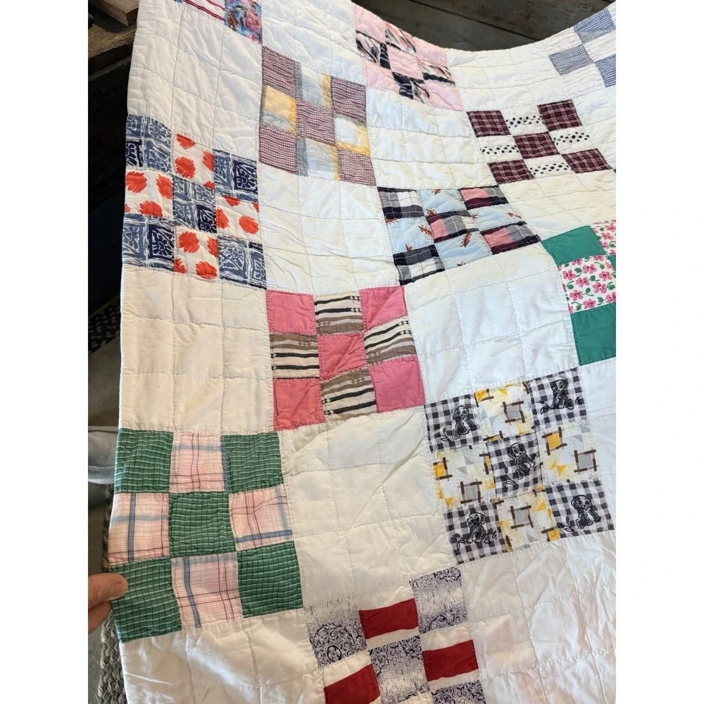 Early Antique Quilt  Nine Patch Hand Stitched 76